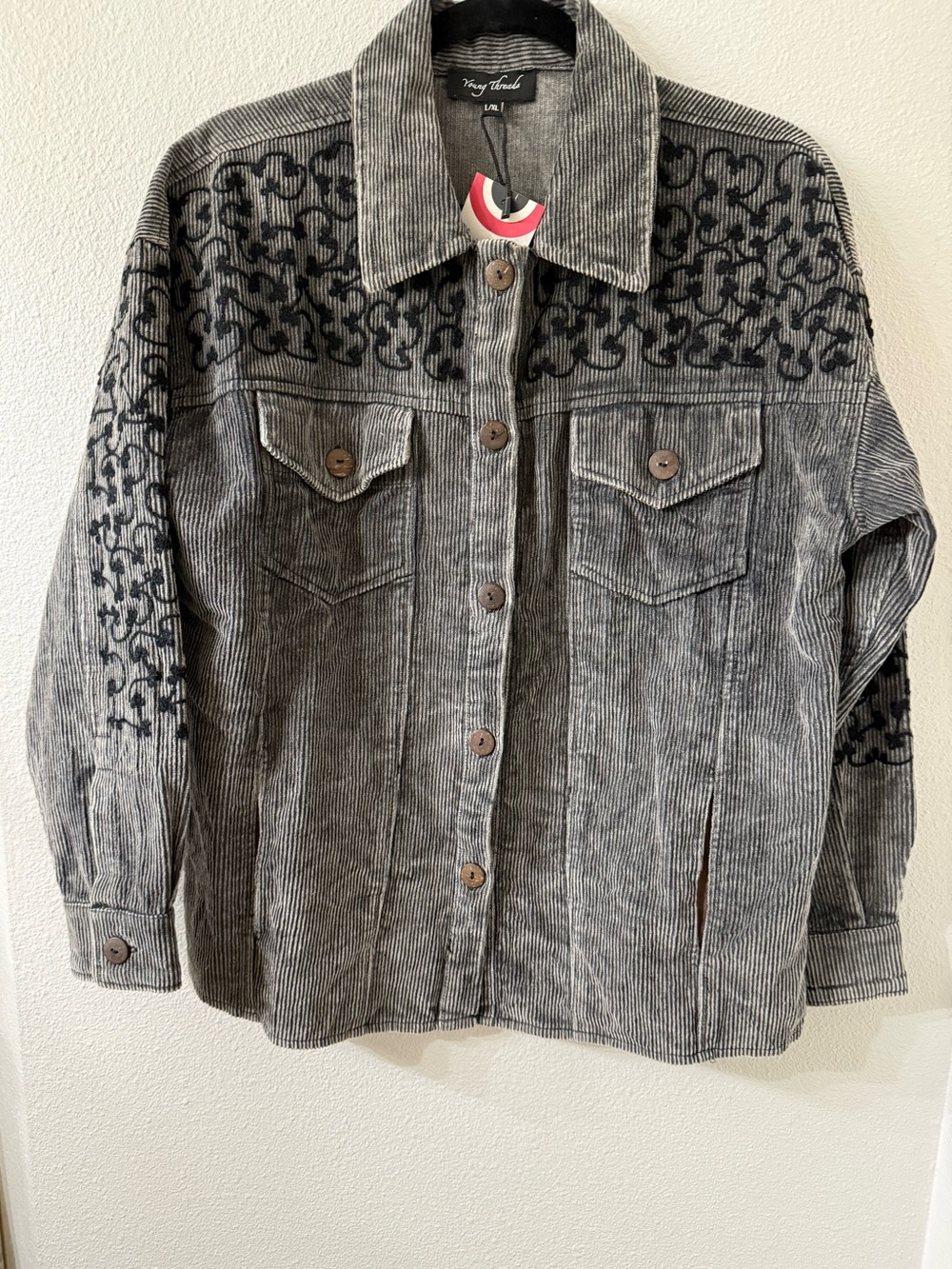 Gray Corduroy Button-Up Shirt Jacket with Black Embroidery
